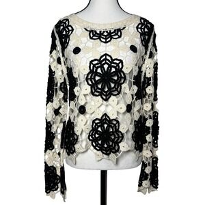 Boho‎ Crochet Top Overlay Sweater Cream Black Pullover Croped Womens Small Layer